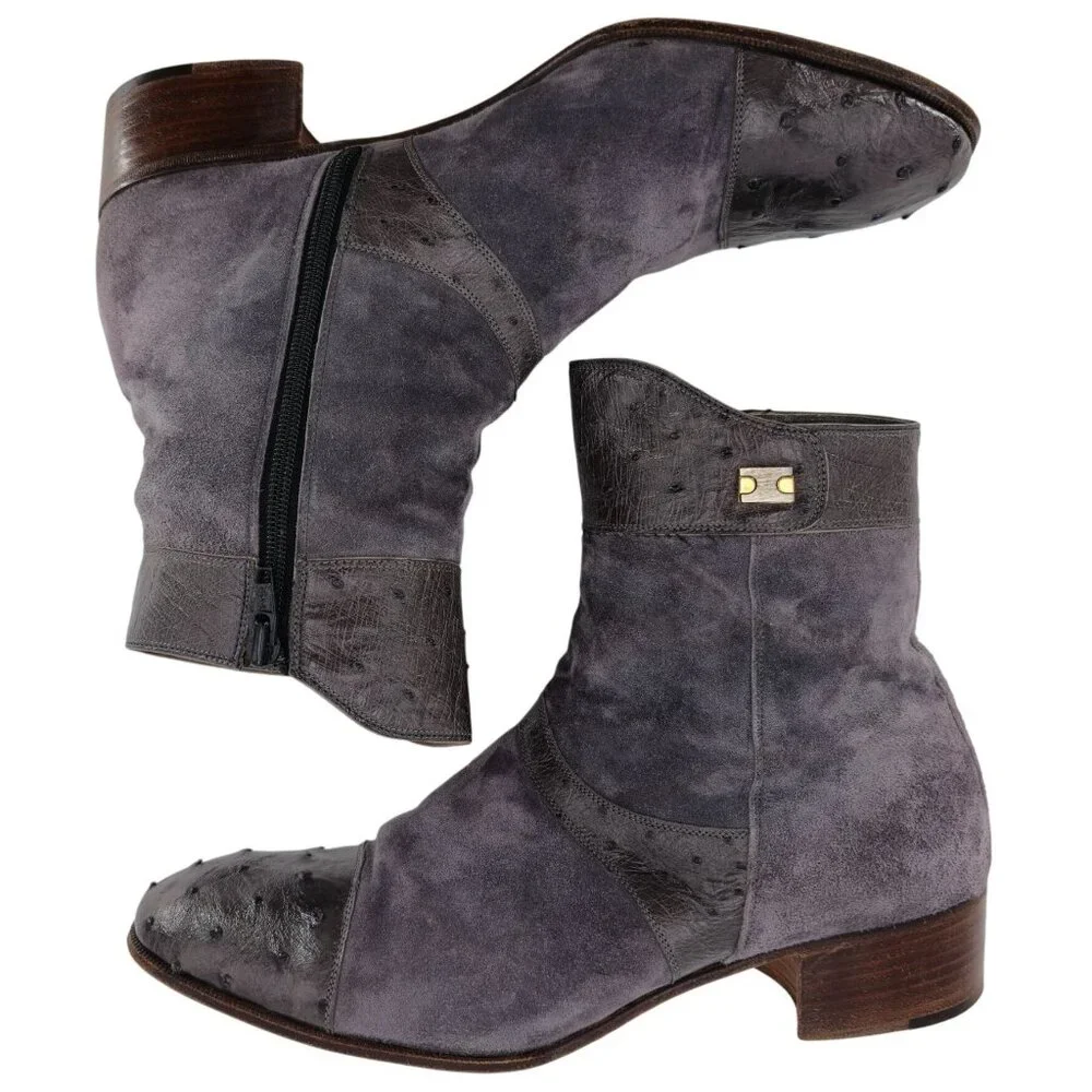 Vintage Mauri Exotic Ostrich and Suede Gray Dress Shoes Mens 8.5 Ankle Zip Boots - Picture 5 of 16